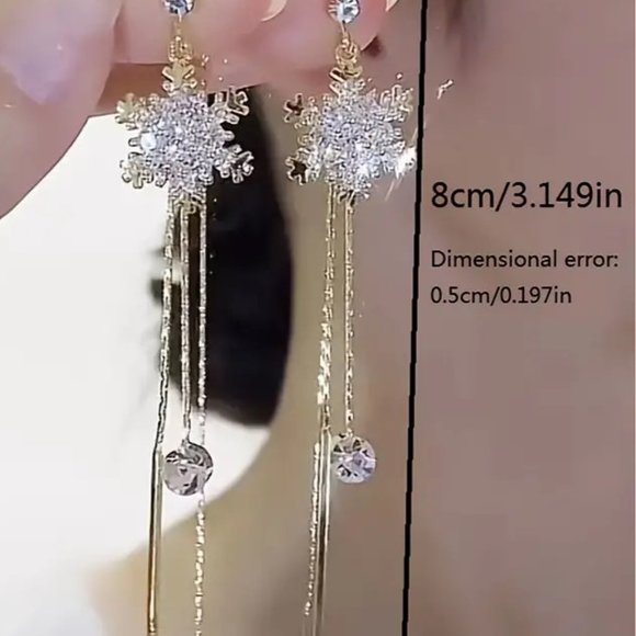 Earrings Snowflake Rhinestone Dangle Gold Sparkle Ornaments Tassel Drop Winter - Picture 3 of 3